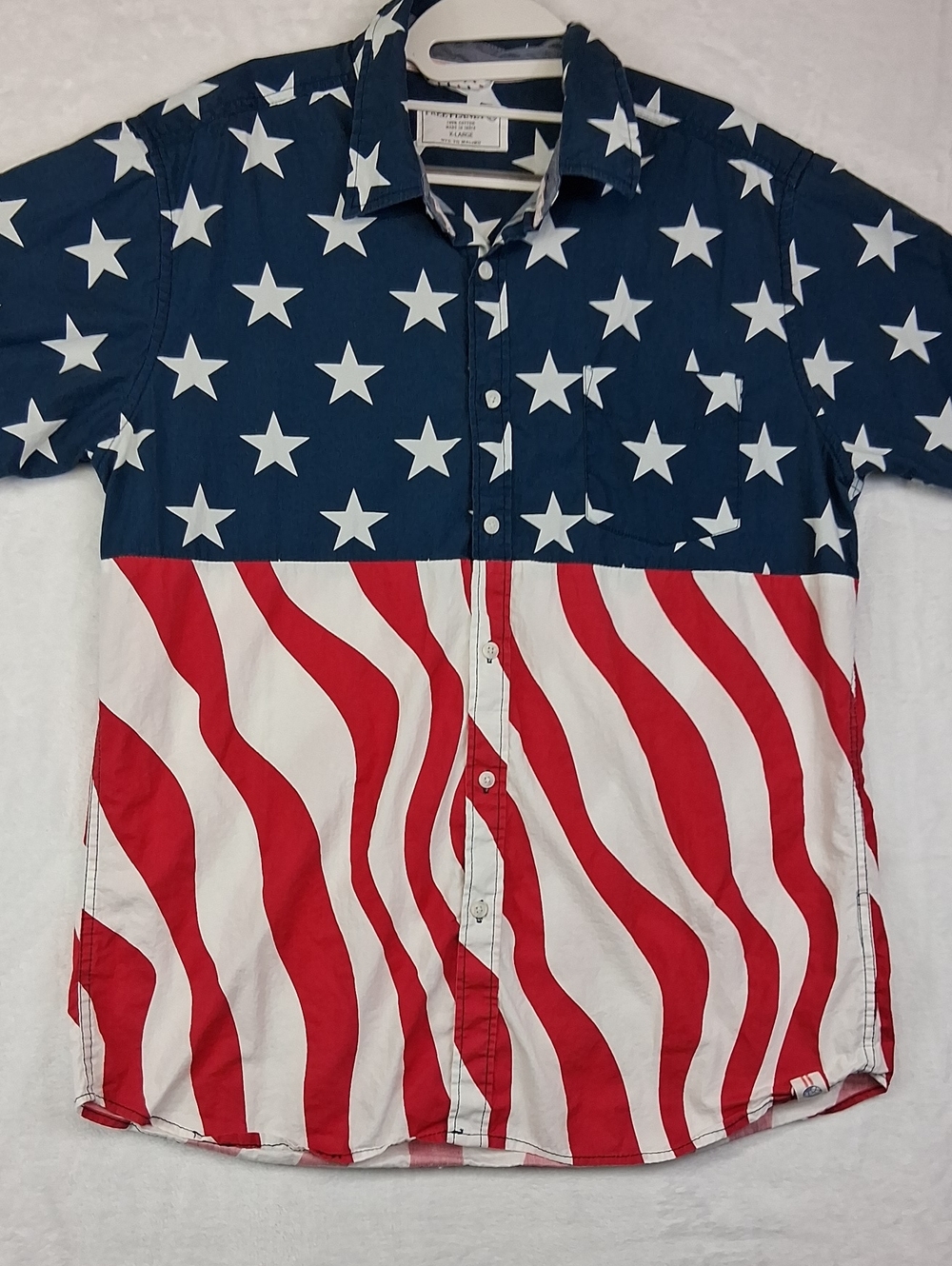 Free Planet Patriotic Flag Star & Stripe Button, Cotton Shirt Navy, White & Red